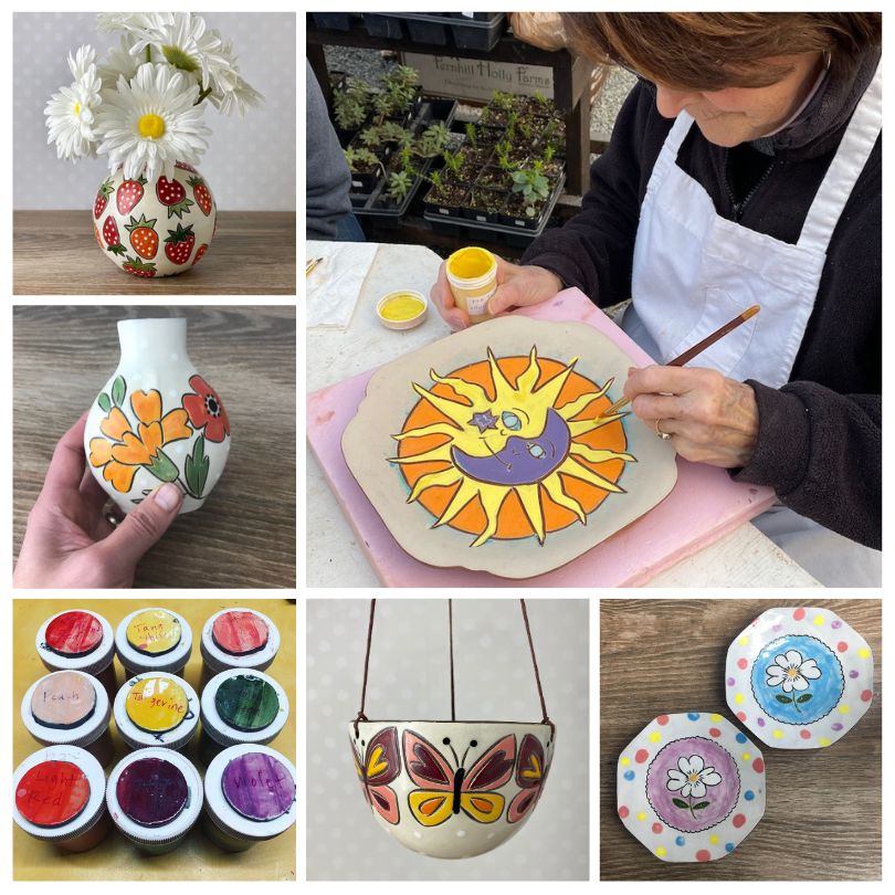 collage image of pottery pieces to paint, underglaze jars and a woman decorating a plate