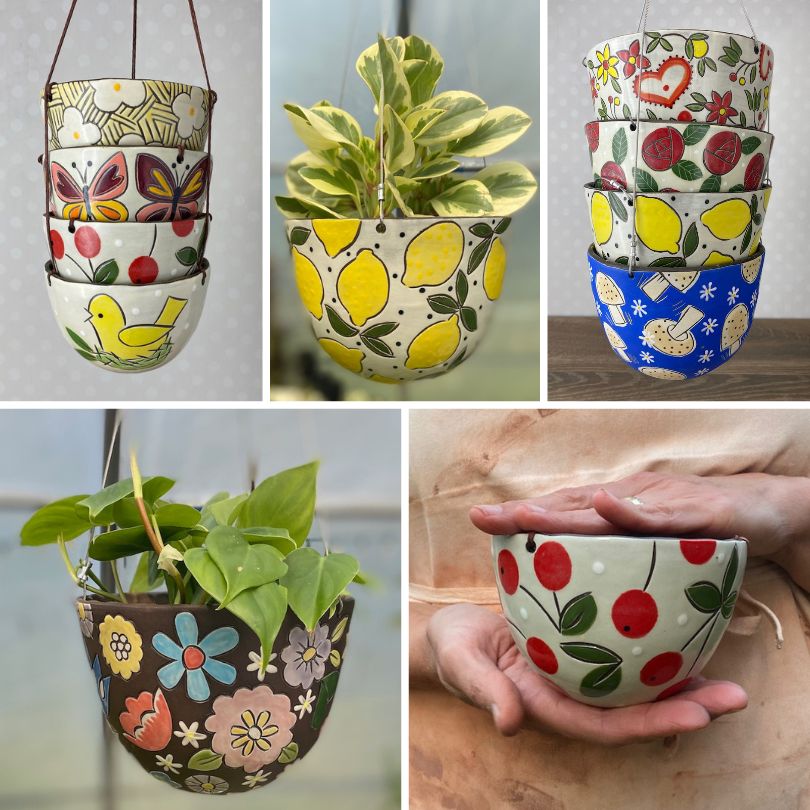 collage of hanging planter in various sizes and colorful patterns including one with cherries held by two hands