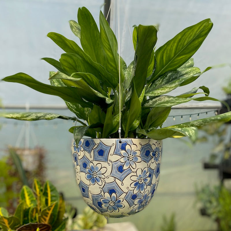 Grand Handpainted Stoneware Hanging Basket in Blue Abstract Floral