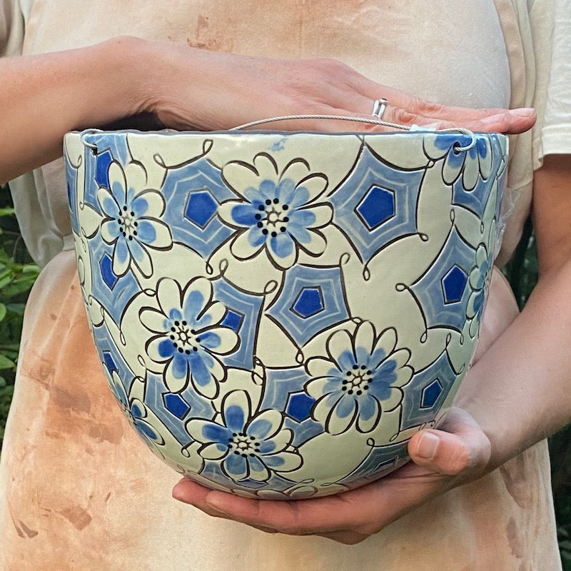 Grand Handpainted Stoneware Hanging Basket in Blue Abstract Floral