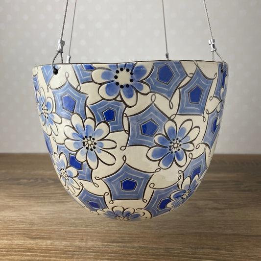 Grand Handpainted Stoneware Hanging Basket in Blue Abstract Floral