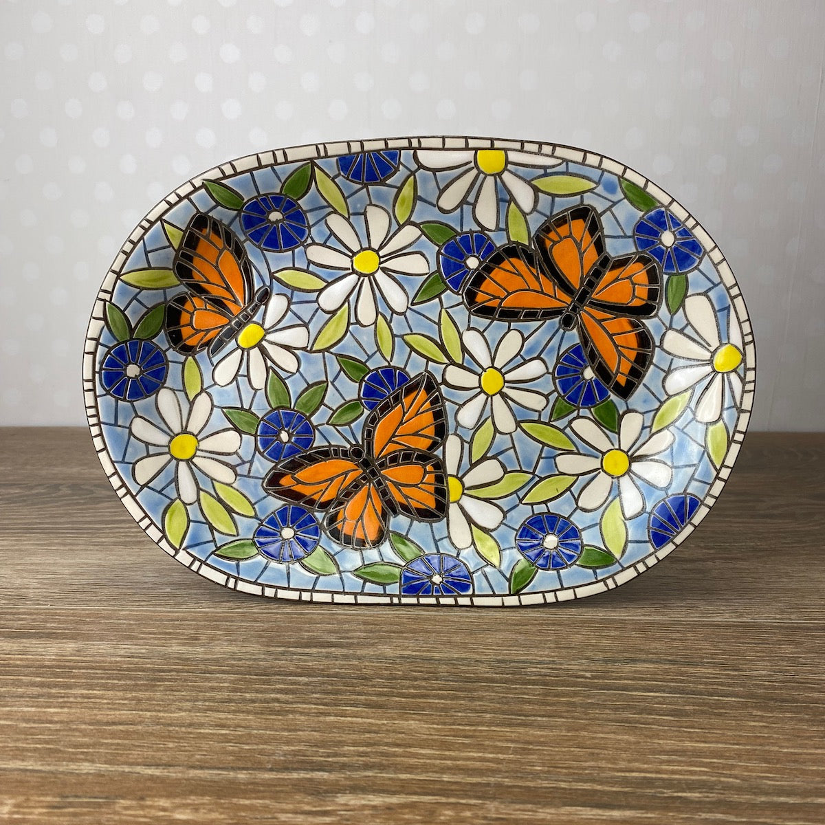 Blue Floral Plate with Monarchs