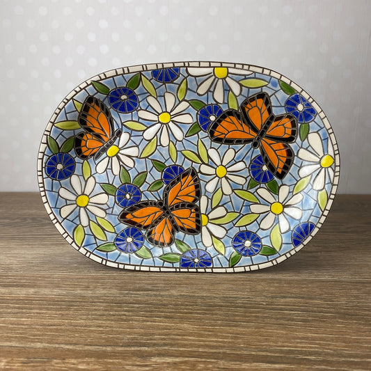 Blue Floral Plate with Monarchs