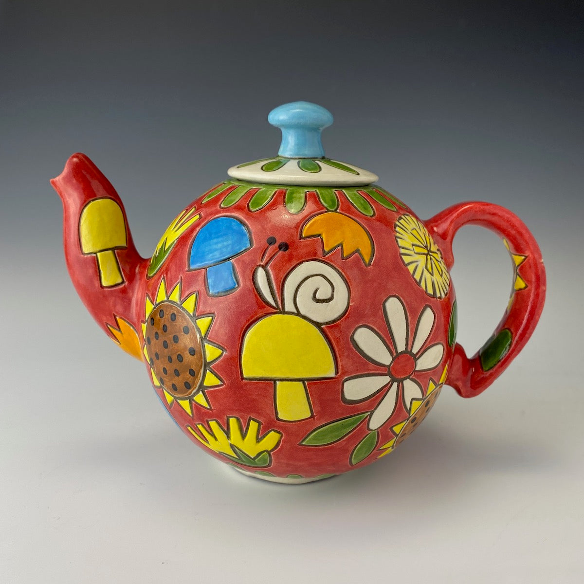 Retro Hand Painted Teapot with Snails and Mushrooms