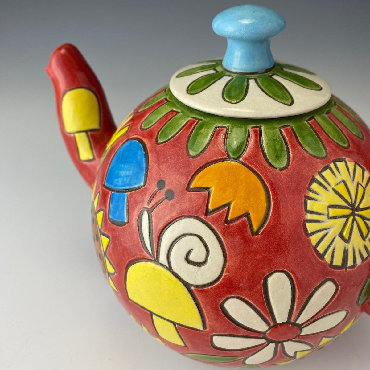 Retro Hand Painted Teapot with Snails and Mushrooms