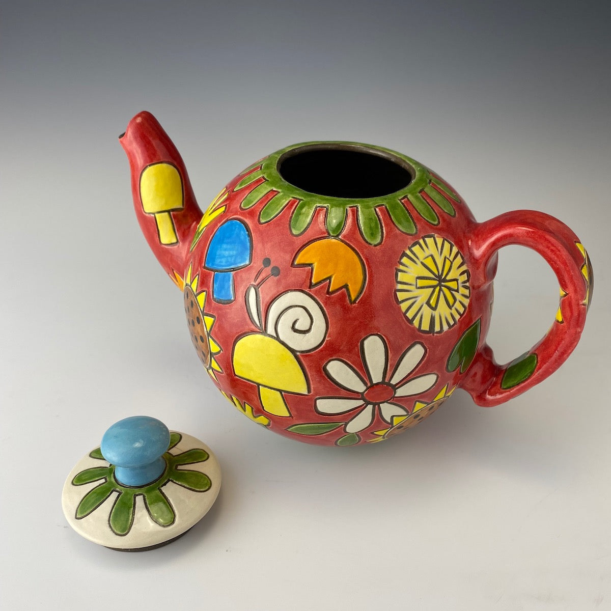 Retro Hand Painted Teapot with Snails and Mushrooms