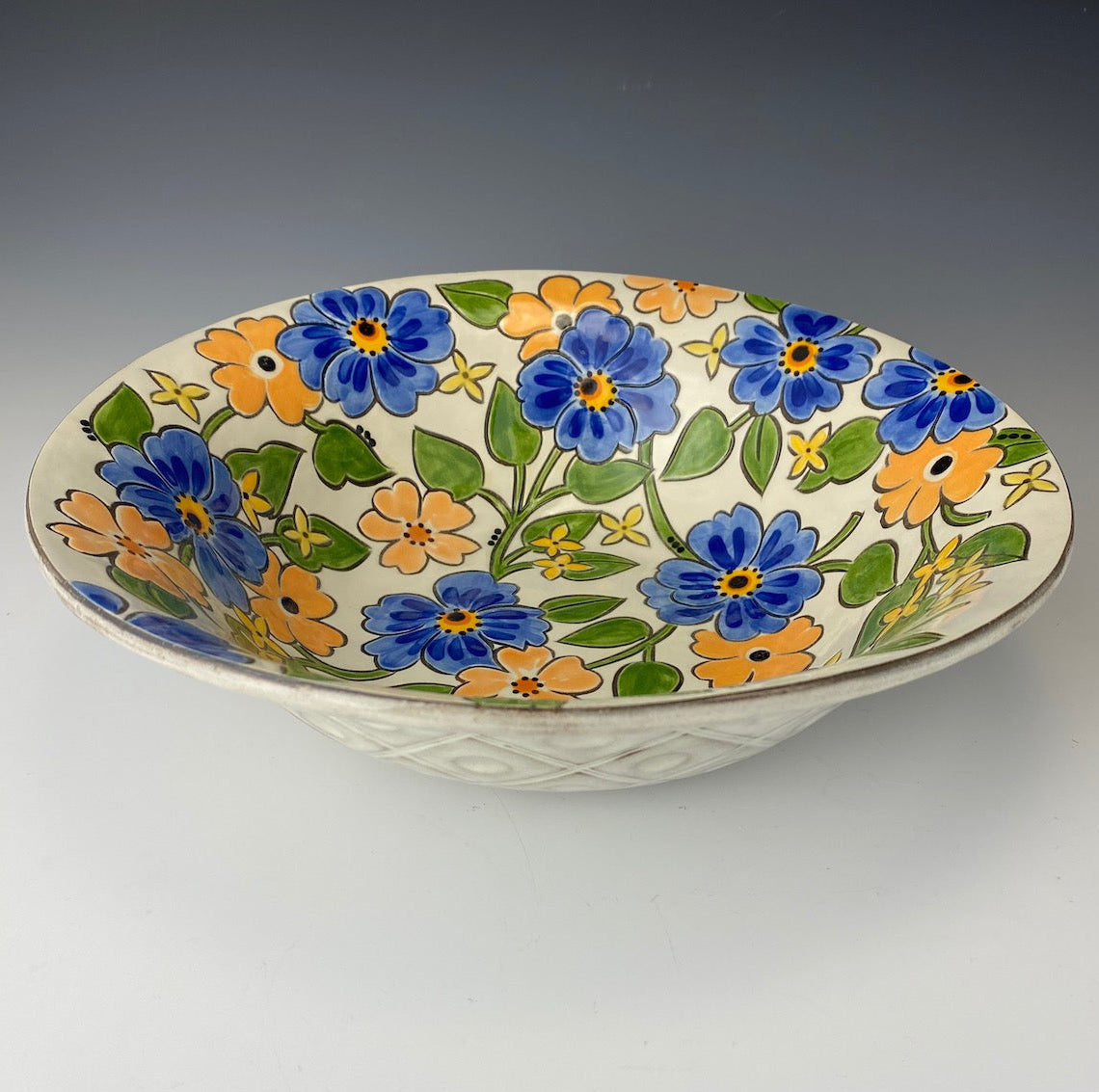 Hand Painted Serving Bowl with Blue Floral