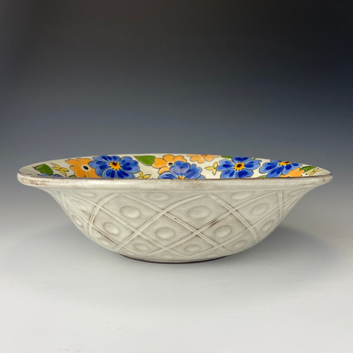 Hand Painted Serving Bowl with Blue Floral
