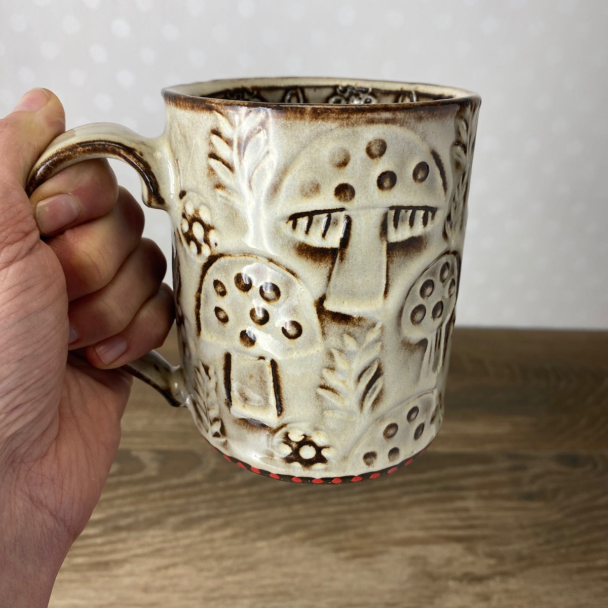 Textured Stoneware Coffee Mug with Mushrooms