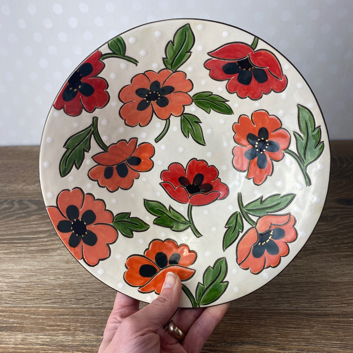 Vintage Floral Bowl with Red Poppies