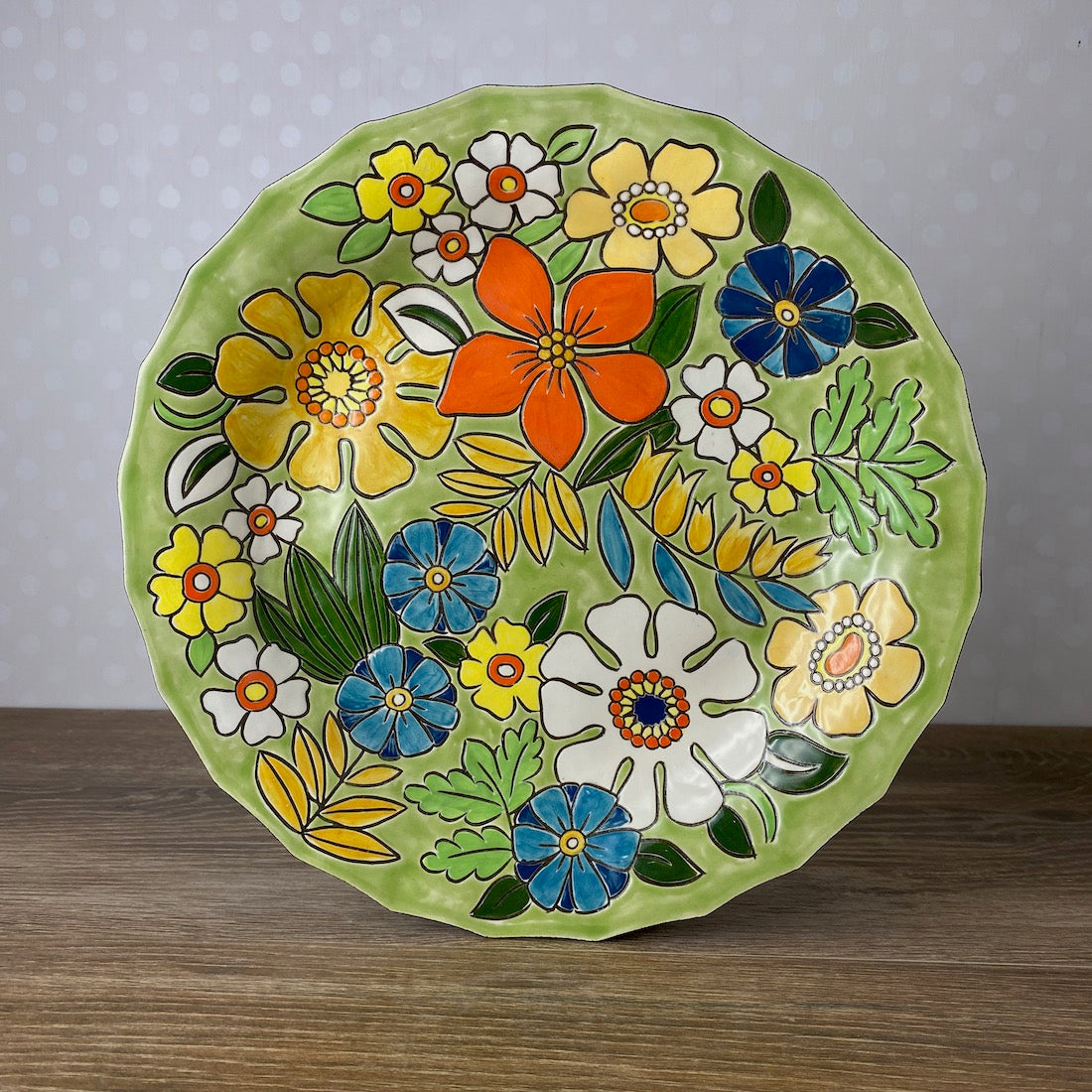 Green Round Hand Painted Platter