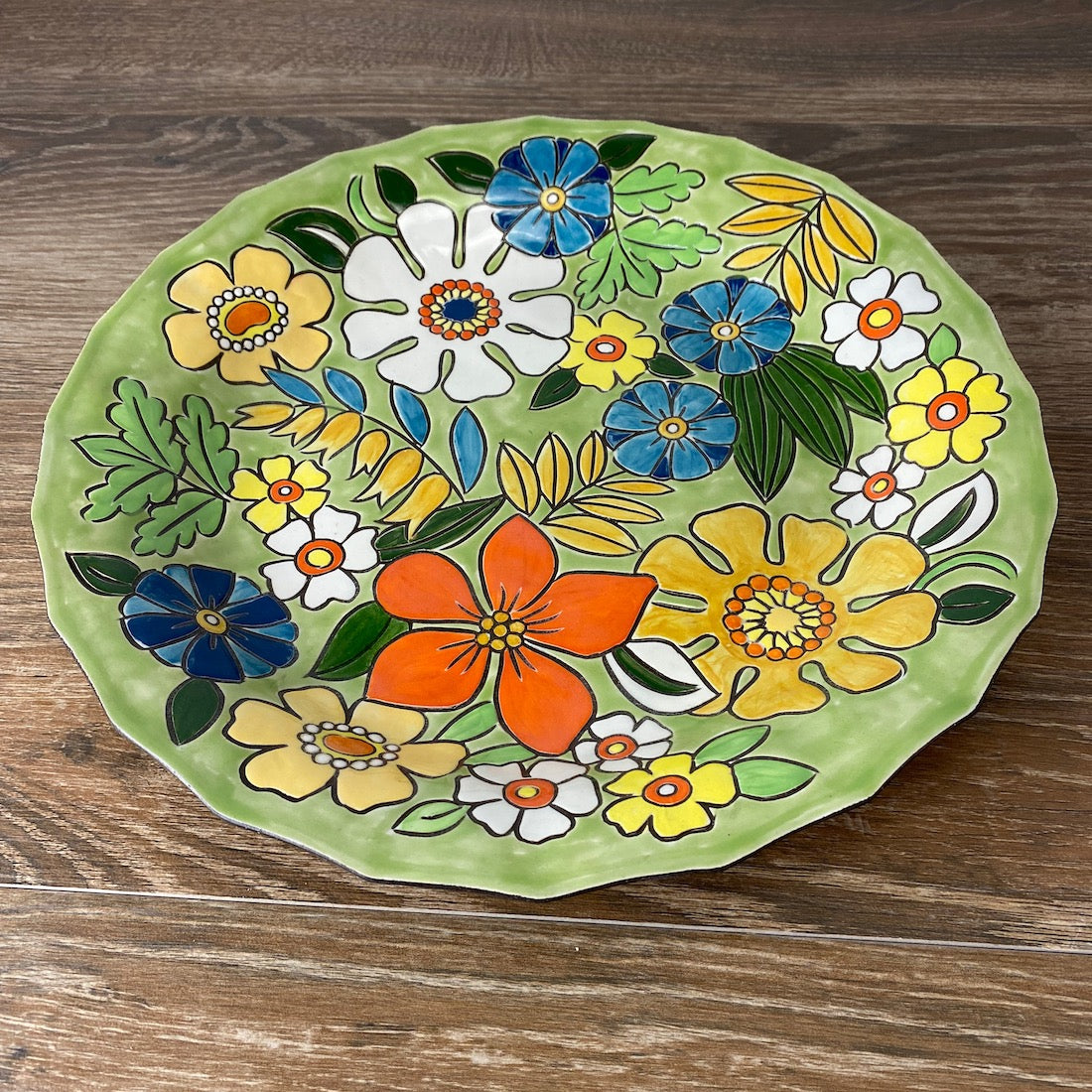 Green Round Hand Painted Platter